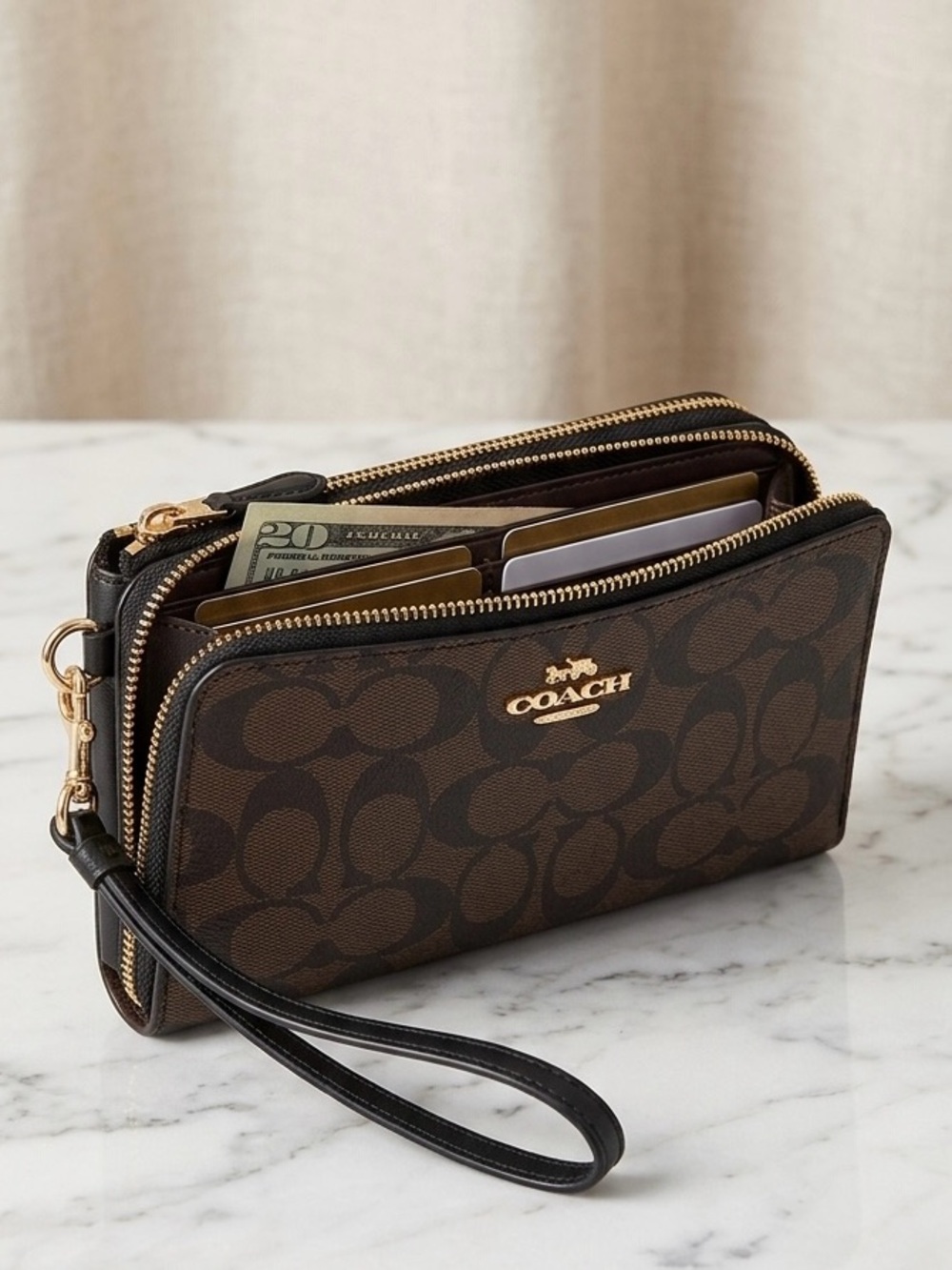 COACH F53563 Signature Canvas Double Zip Wallet Wristlet Brown Black